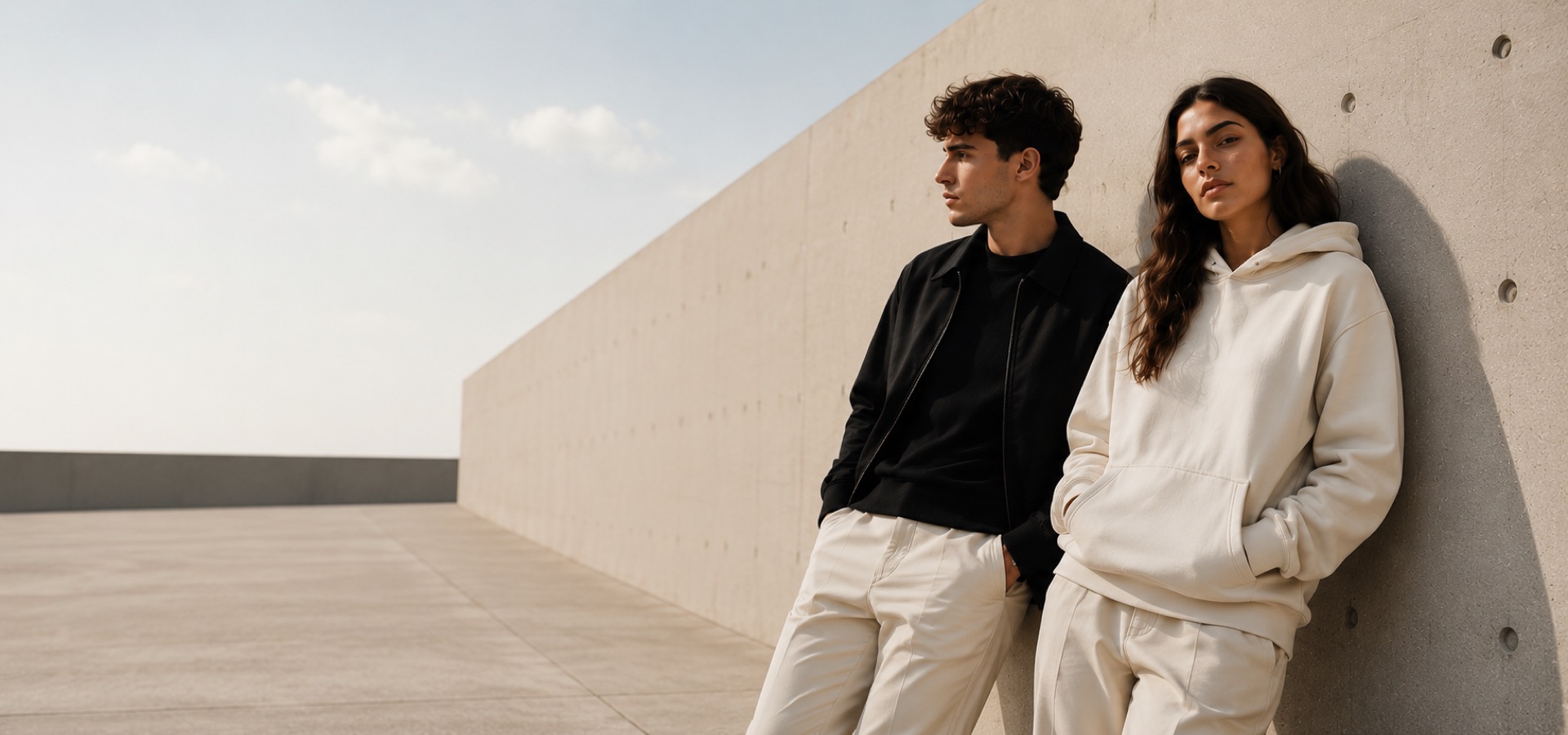 Dos modelos con ropa minimalista de JAIVA sobre fondo urbano