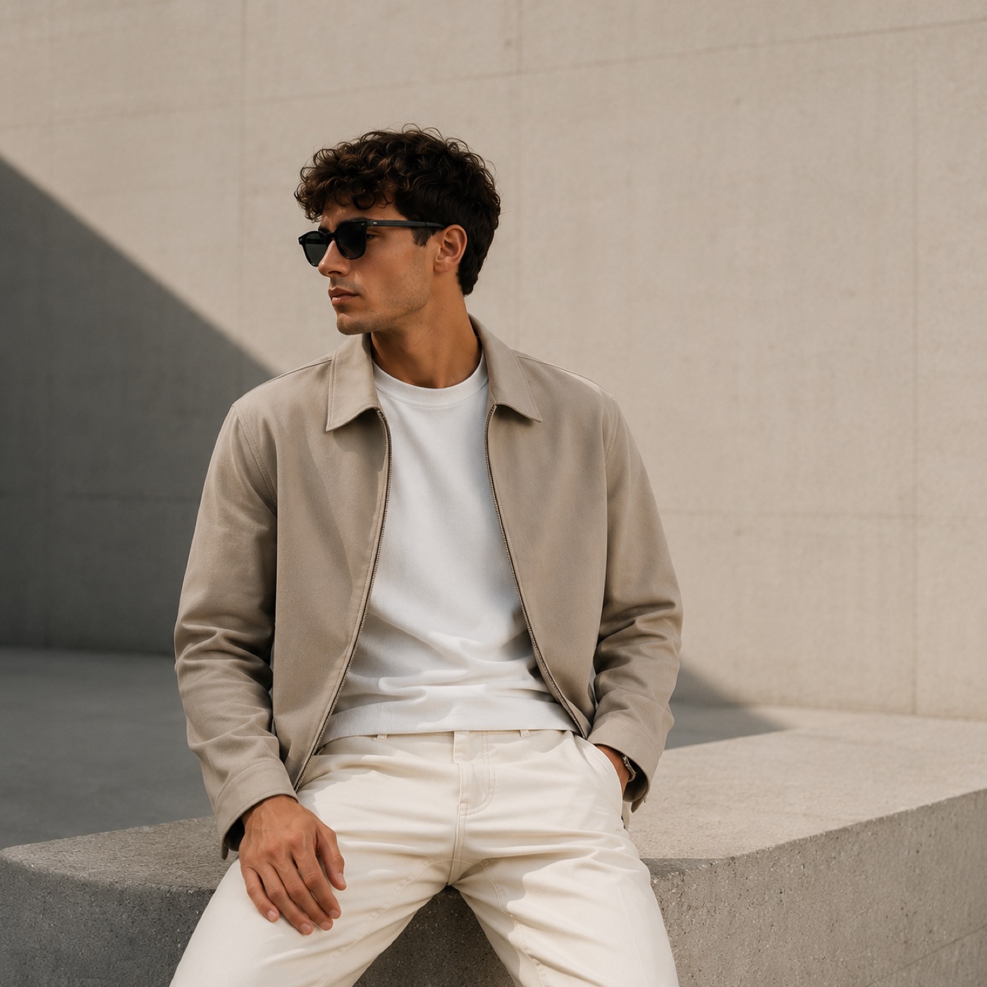 Modelo masculino con look de ropa nueva minimalista